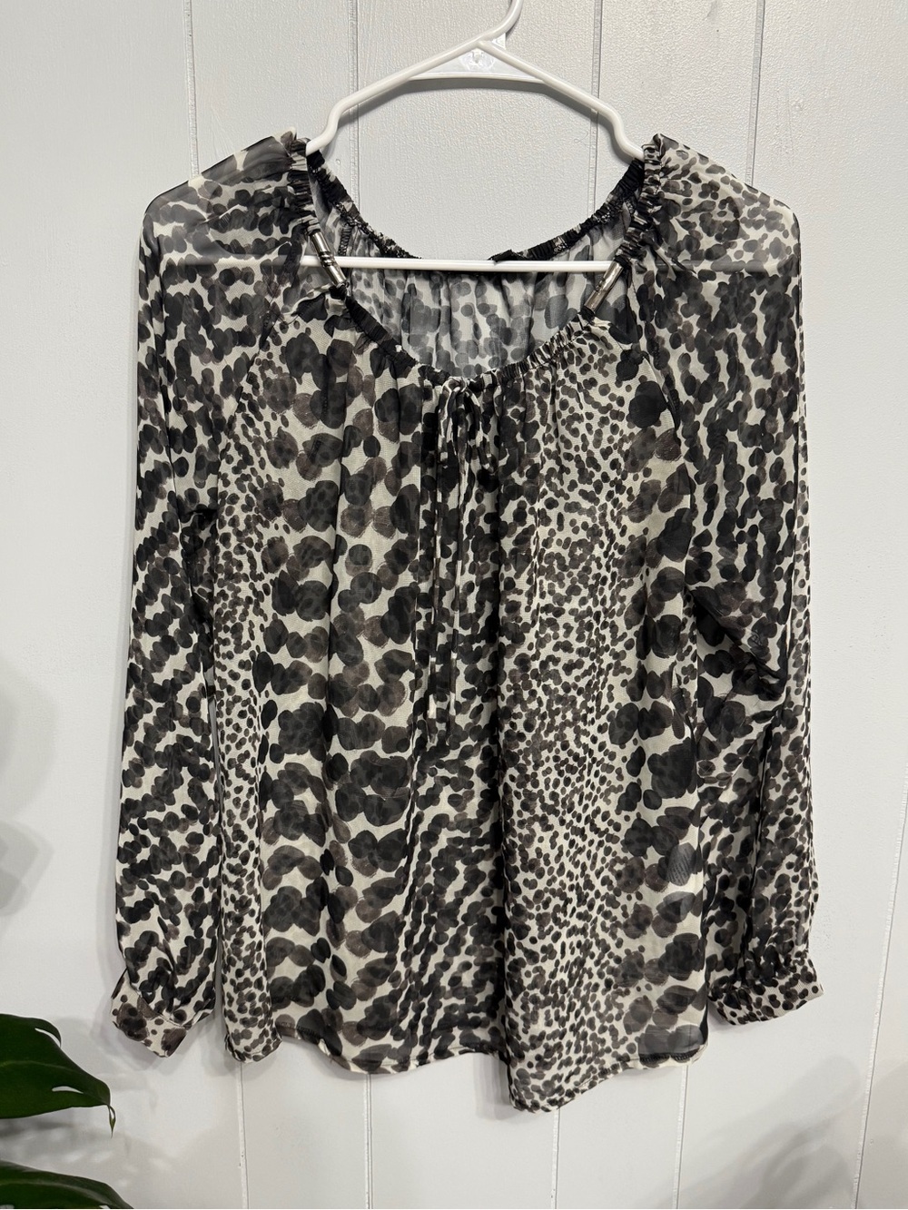 #18) Black & White Animal Print Long-Sleeve Sheer Blouse